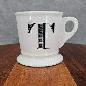 Anthropologie Monogram Mug T Initial White Black Ceramic Footed Coffee Tea Cocoa